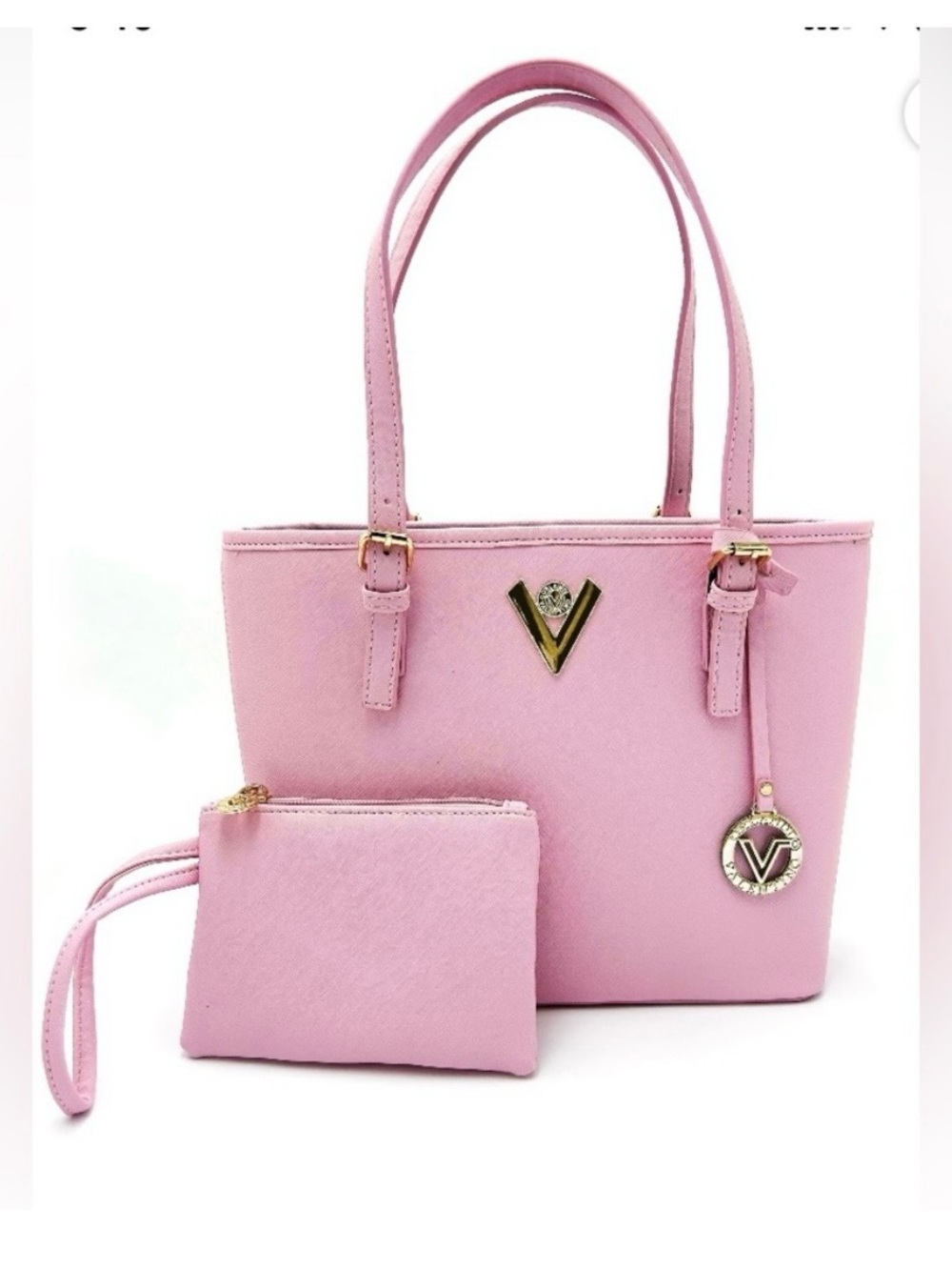 Valentino Orlandi Light Pink Tote with Matching Wristlet and Gold V Charm